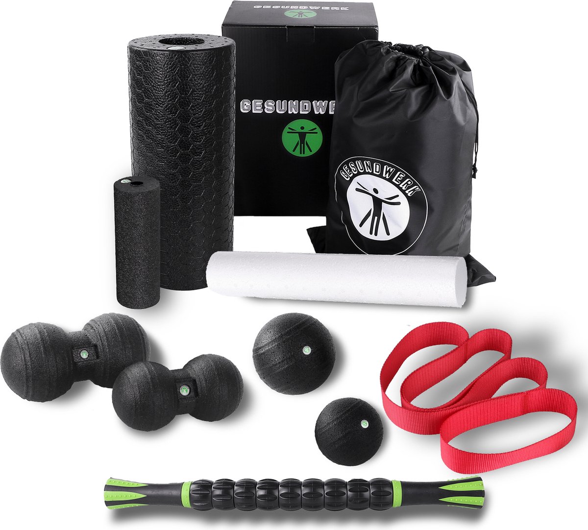 GESUNDWERK Foamroller set - 10-delig fasciaset met foam roller fasciaball massageroller massage triggerpoint bal voor rug, wervelkolom & nek fitness