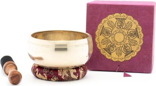 Klankschaal met Dhyani-Boeddha-reliëf - geschenkdoos van duurzaam papier - Fair Trade - Nepal - handgemaakt - klopel - ring
