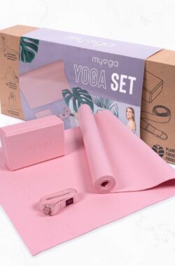 Myga – Yoga set – Yoga starter kits – Pink – 1 yogamat ( 173 cm x 61 cm ) – 1 yogablok (14,5 x 7,7 x 23 cm ) – 1 yoga strap/riem