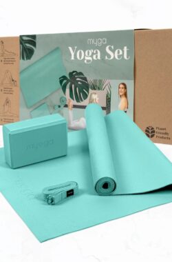 Myga – Yoga set – Yoga starter kits – Turquoise – 1 yogamat ( 173 cm x 61 cm ) – 1 yogablok (14,5 x 7,7 x 23 cm ) – 1 yoga strap/riem