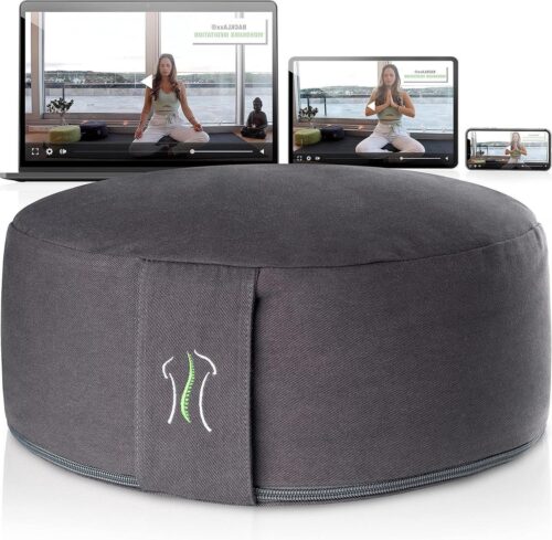 Overtrek meditatiekussen met boekweitvulling - zithoogte 15 cm - zitbreedte 35 cm - yogakussen met videocursus.