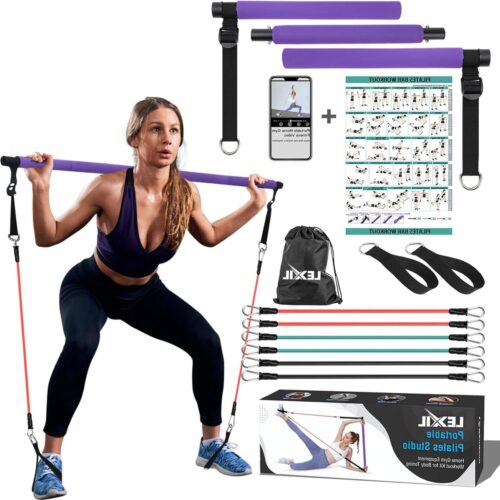 Pilates-oefenset - Stapelbare draagbare fitnessvideo met 3 paar weerstandsbanden (15-20-30 lbs) - Fitnessapparatuur voor lichaamstoning - Dames en heren.