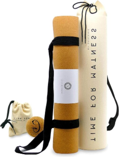 Premium kurk yogamat 4 mm - antislip natuurlijke rubberen yogamat met draagriem, massagebal & e-book