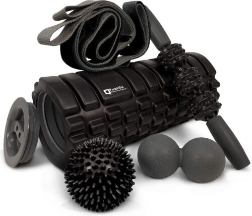 Q'ualife® Foam Roller - Massage Roller - Massage bal - Fitness - Yoga - Fascia - Bindweefsel - 5 delige set - Zwart