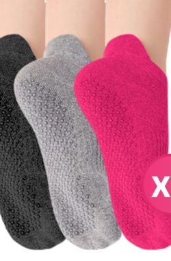 RENALUX – Yoga Sokken Antislip Dames – Antislip Sokken Dames – Pilates Sokken – Anti Slip Sokken – Huissokken met Antislip Dames – Fuchsia, Grijs & Zwart – Set van Maarliefst 3 Paar