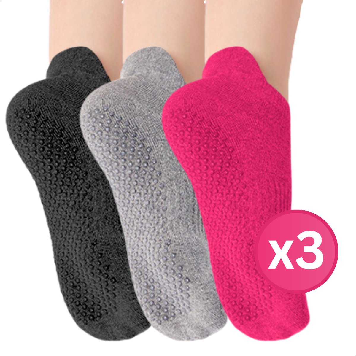 RENALUX - Yoga Sokken Antislip Dames - Antislip Sokken Dames - Pilates Sokken - Anti Slip Sokken - Huissokken met Antislip Dames - Fuchsia, Grijs & Zwart - Set van Maarliefst 3 Paar