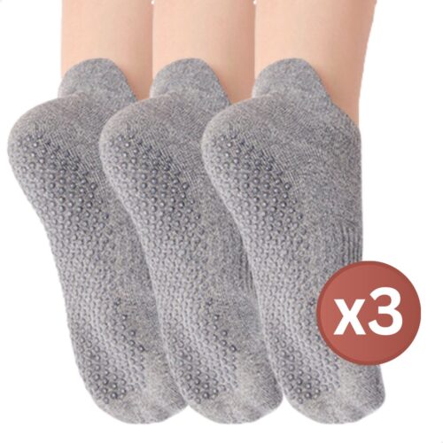 RENALUX - Yoga Sokken Antislip Dames - Antislip Sokken Dames - Pilates Sokken - Anti Slip Sokken - Huissokken met Antislip Dames - Grijs, Grijs & Grijs - Set van Maarliefst 3 Paar