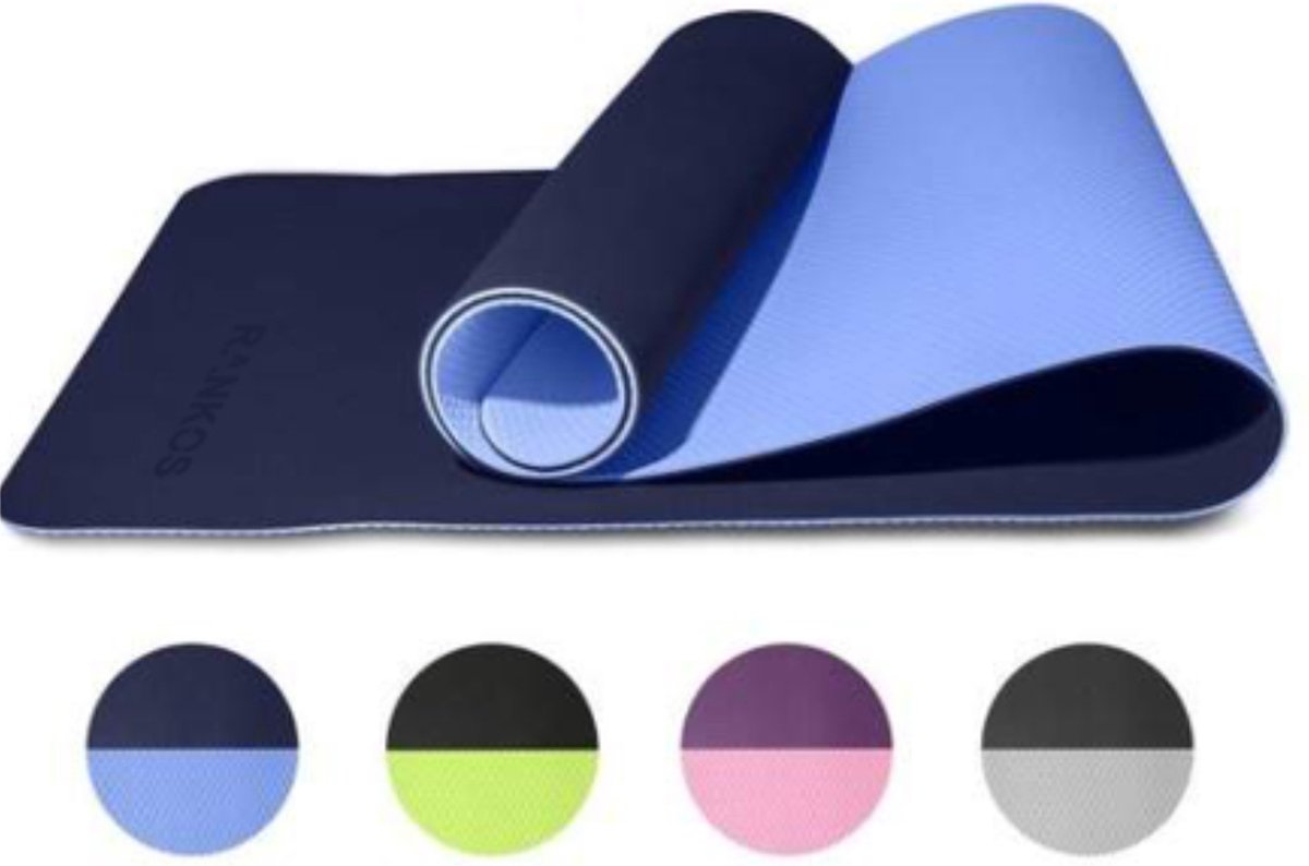 Rankos Sport Fitnessmat - 183 cm x 61 cm x 0.6 cm - Blauw - Yoga Mat - Sport mat - Inclusief draagriem - Hoogwaardige kwaliteit trainingsmat - Anti Slip mat - 100% Huidvriendelijk & Duurzaam