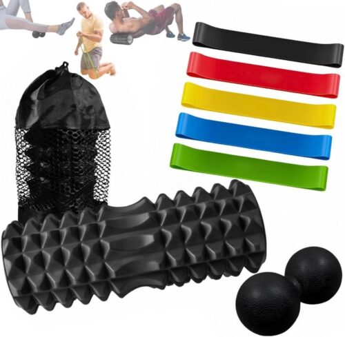 Spiertraining EVA-schuim massage roller - Schuimroller met elastische weerstandsbanden - Dubbele bal myofasciale massagebal - Fysiotherapeutische pinda