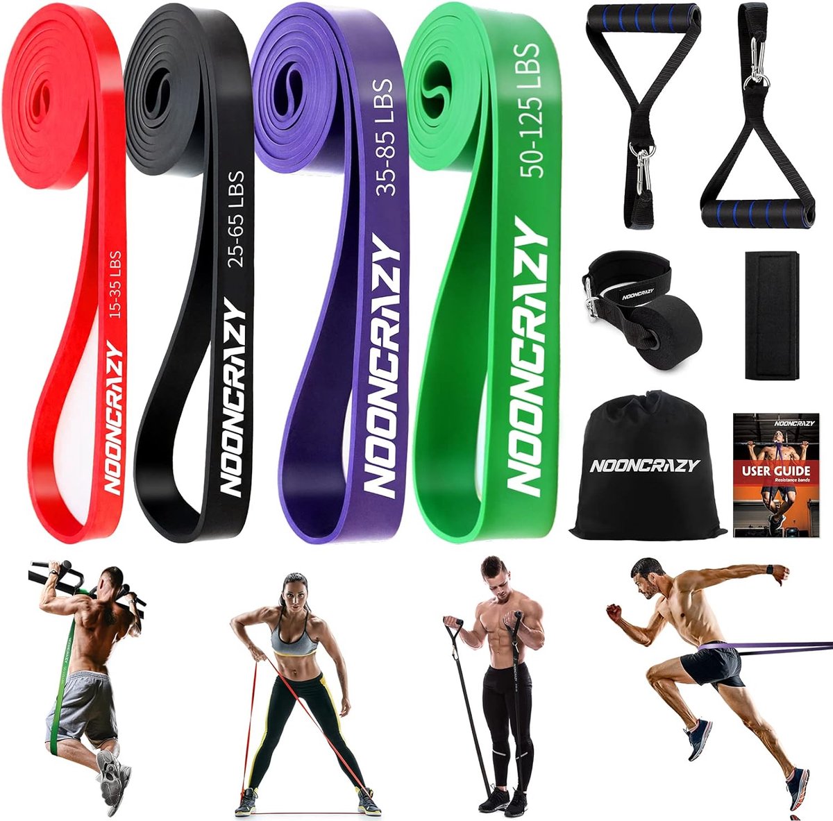Weerstandsbanden, verschillende niveaus weerstandsbanden met deuranker en handgrepen, fitnessbanden voor krachttraining, training, fysiotherapie, yoga voor mannen en vrouwen