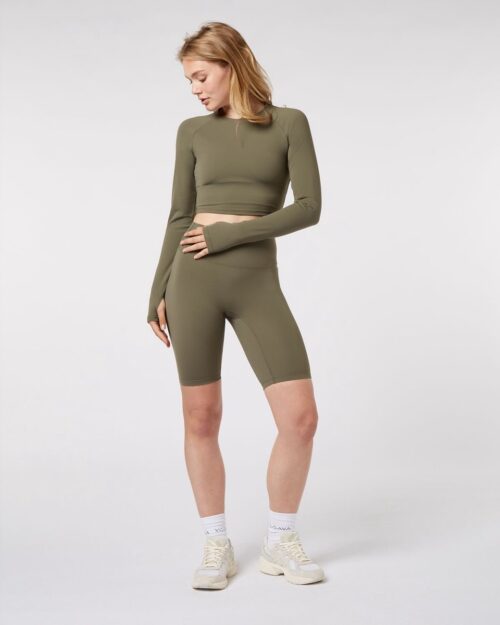 YO-GAYA - Long Sleeve Crop Top - Olive Green - Maat - M - Fitness - Sportkleding