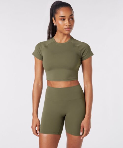 YO-GAYA - Short Sleeve Crop Top - Olive Green - Maat - L - Fitness - Sportkleding