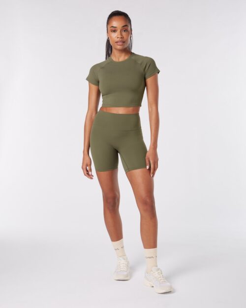 YO-GAYA - Short Sleeve Crop Top - Olive Green - Maat - M - Fitness - Sportkleding