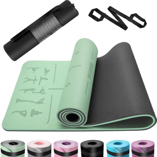 Yogamat TPE 6 mm dik huidvriendelijk antislip gymnastiekmat pilates meditatie stretching thuis work-out 183 x 61 cm groen met draagriem en tas