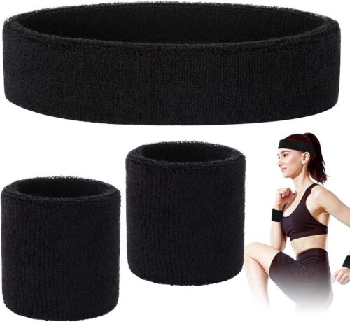 Zweetbandenset voor mannen en vrouwen - sporthoofdband en armbanden - badstof armband - pols zweetband - vochttransport - zweetabsorberende hoofdband Zweetband