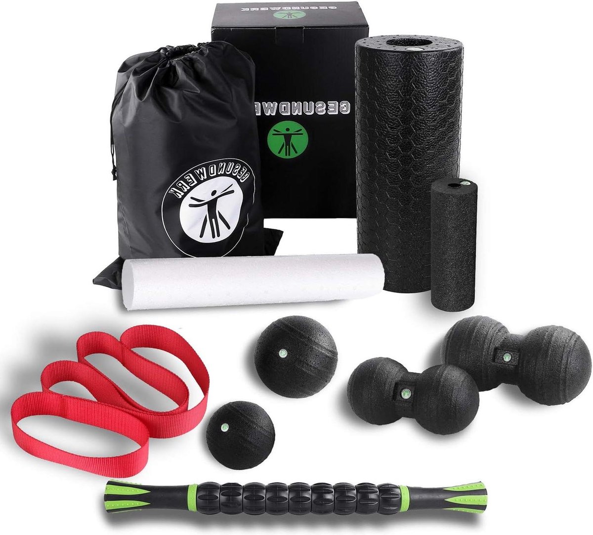 10-delige fascia foamroller set met massageroller en bal voor rug, wervelkolom en nek