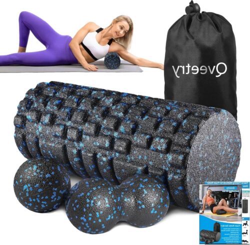 4-in-1 fasciarol set met fasciabal en duobal - dieptespiermassage foamroller - fascia-training van spieren - pilates yoga sport - zwart-blauw