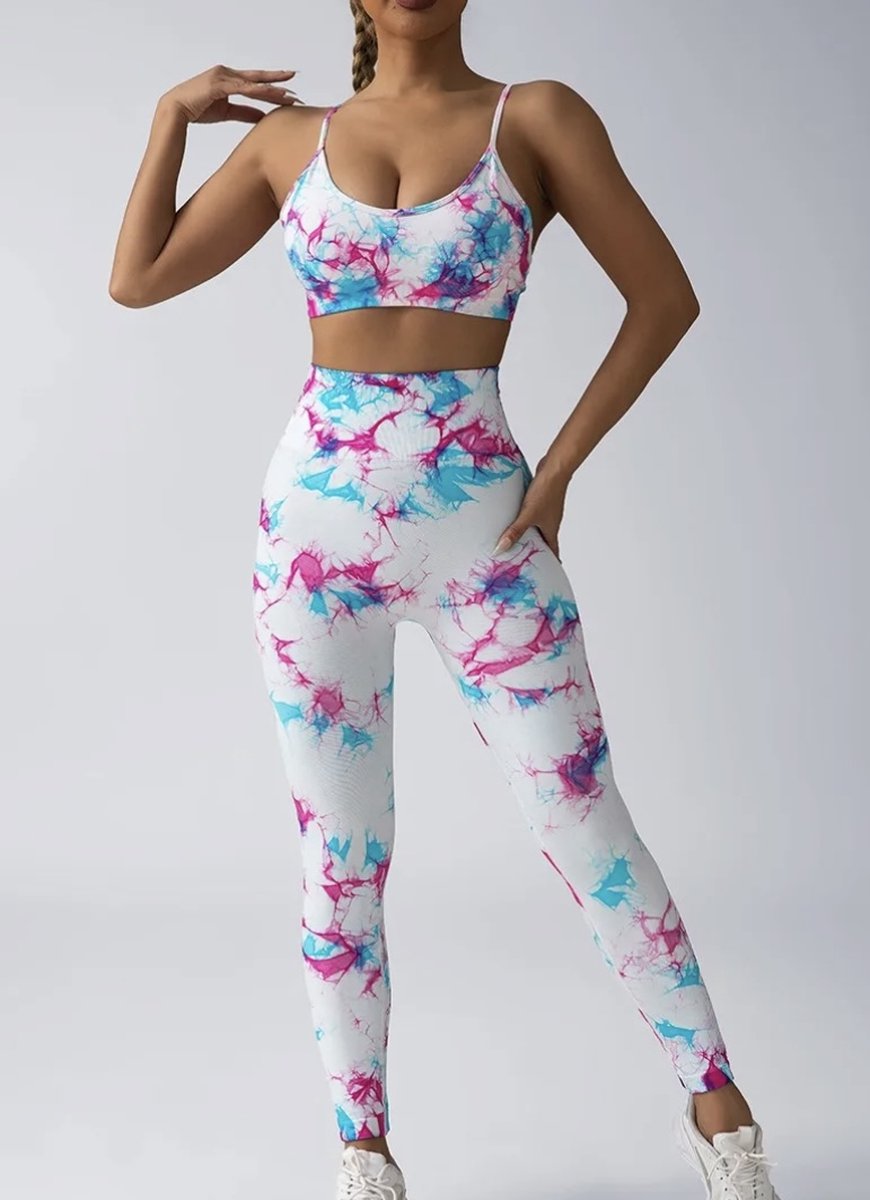 Colorful Tie Dye Gym Set - Maat L - Roze/Blauw - Gymlegging - Gymkleding - Sportkledingset - Sportlegging - Yogakleding - Yogaset - Yogalegging