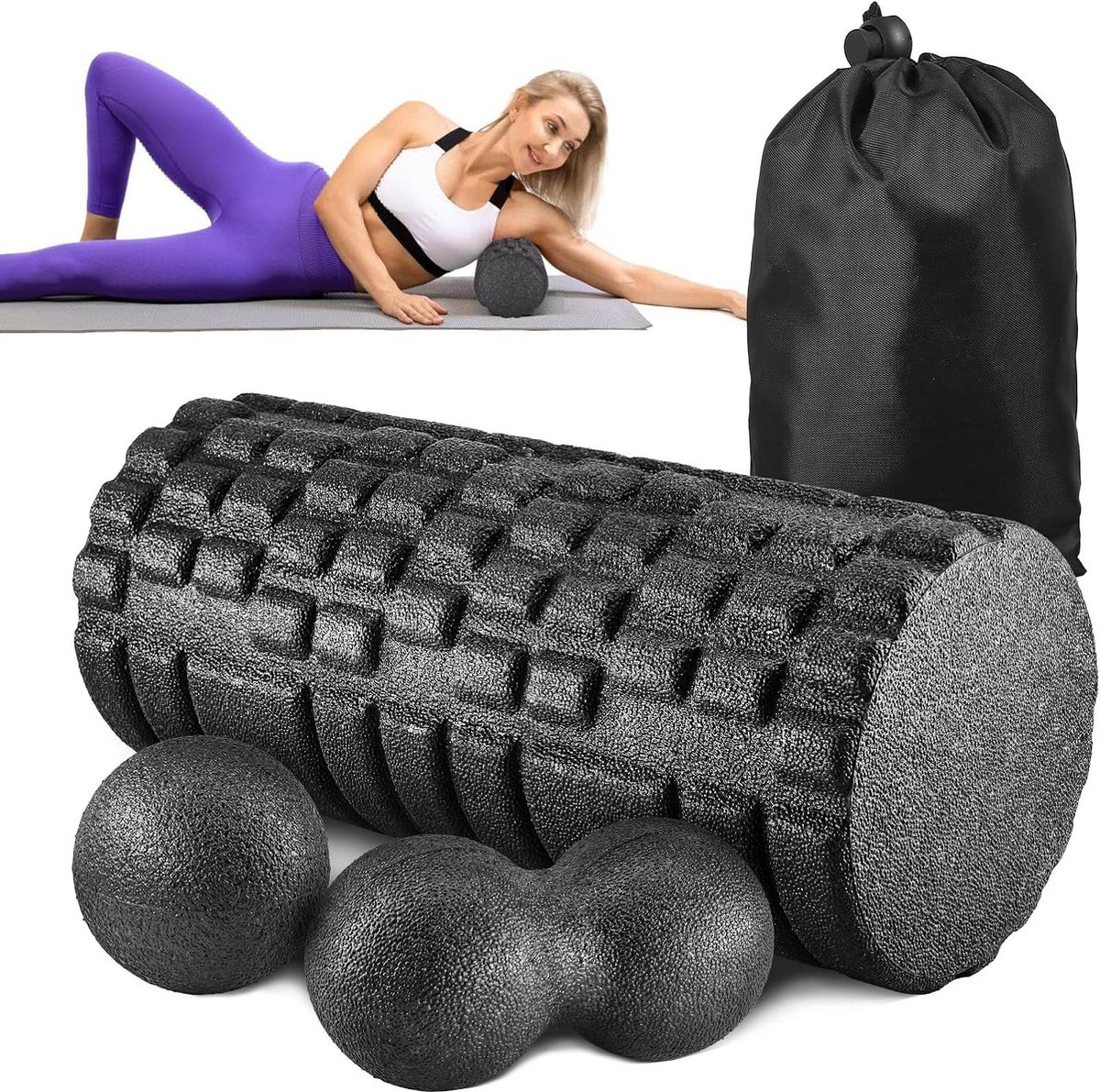 Fasciarollenset 4-in-1 met fasciabal en duobal - fascia-training spieren - schuimroller diepe spiermassage - pilates yoga - zwart stretching foam roller