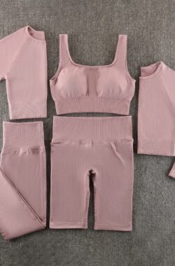 Gymset – LIGHT RIBBED – Maat M – Oudroze – Roze – 5delig – Fitness set – Sportkledingset – Sportset – Sporttop – Yogaset