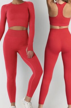 Gymset SOFT – 3delig – Rood – Maat M – Fitness Kleding – Sportoutfit – Sportlegging – Sporttop – Fitness set – Fitness legging en top – Gymlegging en top – Yogaset – Yoga legging en top