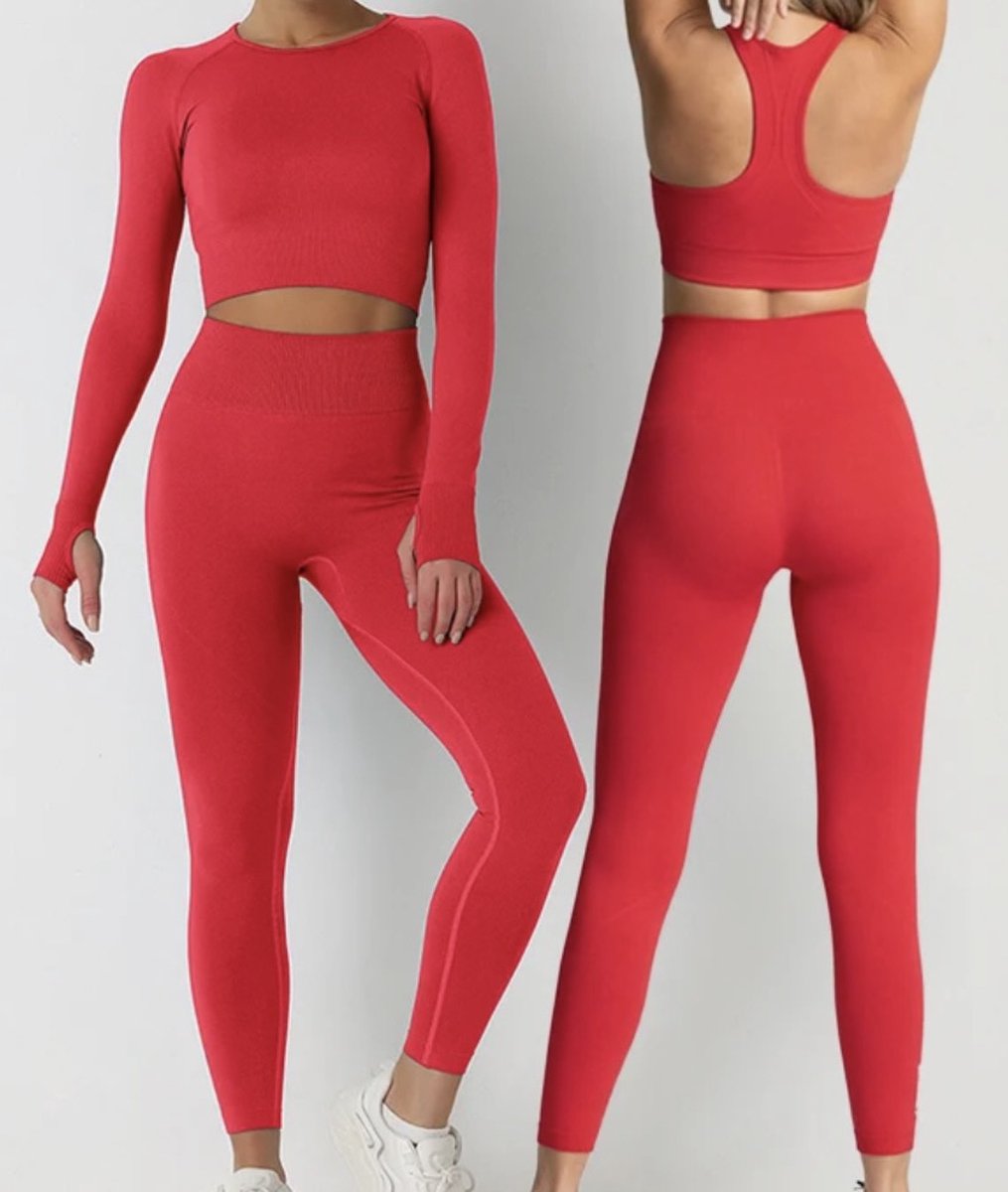 Gymset SOFT - 3delig - Rood - Maat M - Fitness Kleding - Sportoutfit - Sportlegging - Sporttop - Fitness set - Fitness legging en top - Gymlegging en top - Yogaset - Yoga legging en top