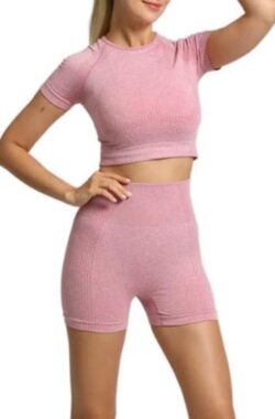 Jumada’s – Sport outfit – Crop top met korte mouwen – High waist korte legging – Naadloos – Squatproof – Roze – L