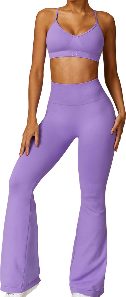 June Spring - Sport Legging - Maat M/Medium - Kleur Lila - Flaired - Hoogwaardige kwaliteit - Vocht afvoerend - Flexibel - Comfortabel - Bil Lift - Anti-cellulite