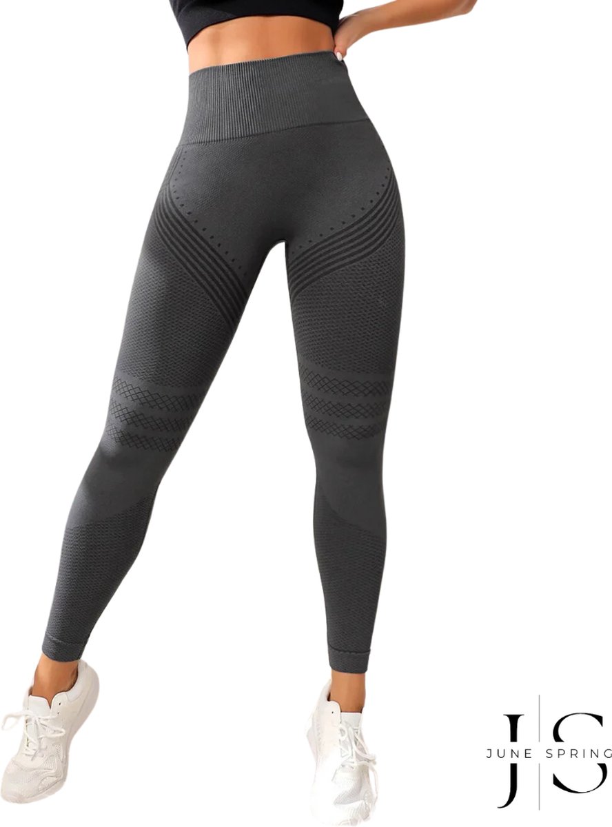 June Spring Sportlegging - Maat L/Large - Kleur: Donkergrijs - Sportbroek voor Vrouwen - Accentueert de Billen - High-Waist - Dames Sportlegging - Fitness Legging - Yogapants - Hoge Kwaliteit Sportlegging