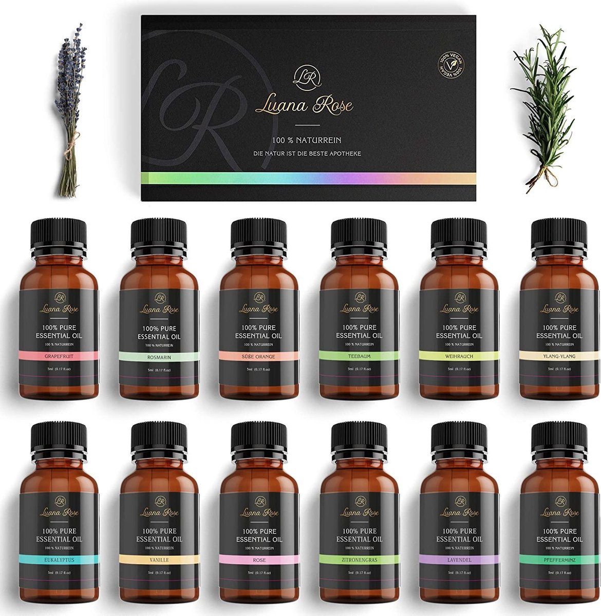 Luana Rose - Sets met etherische oliën - 100% veganistisch en natuurlijk - 12x Aroma-oliën voor diffuser - Pure aroma-olie en aroma-olie voor diffuser - Vanille - Lavendel - Roos en nog veel meer