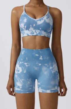 PRINTED GYM SET SHORT – Maat L – Multicolour Blauw – Fitness set – Fitness short – Sportkledingset – Sportset – Sportshort – Sportkleding – Yogakleding – Yogaset – Yogashort