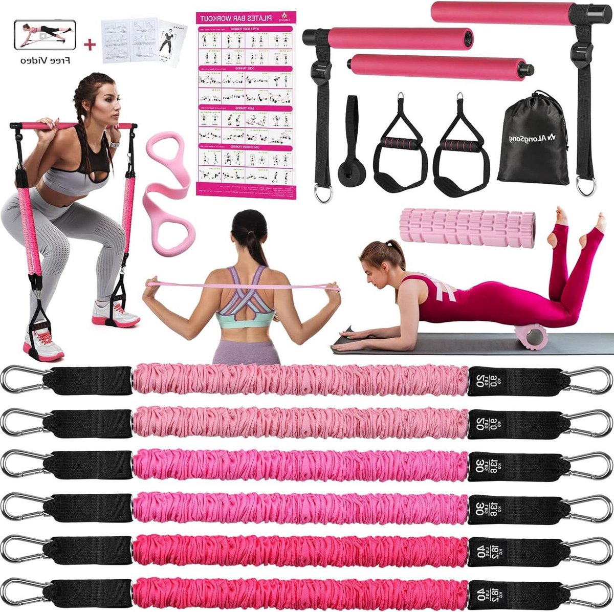 Pilates Bar Set Met 6 Latex Elastische Weerstand Bands 180lbs/250lbs - Pilates Bar Draagbare Thuis Workout Fitness Apparatuur - Yoga Stretching