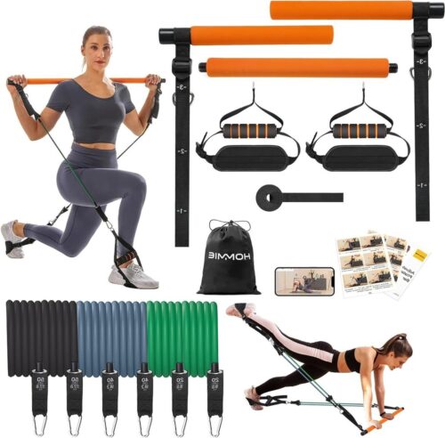 Pilates Barkit met 6 Weerstandsbanden 20-180 lbs voor Vrouwen en Mannen - Inclusief Sticks, Squat en Yoga - Met Handgrepen, Deuranker en Footloops