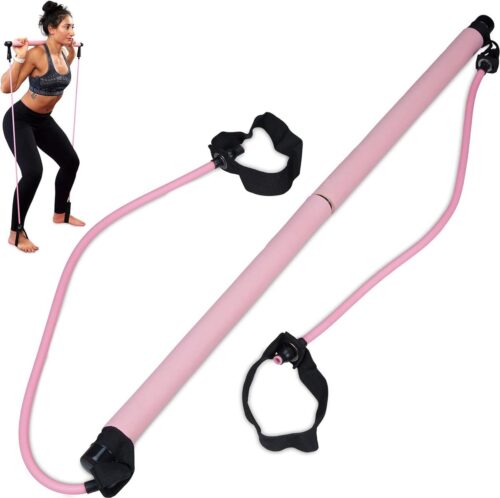 Pilates Stick Met 2 Weerstandsbanden Met Voetlussen - Roze - Voor Yoga En Fitness