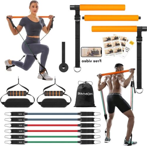 Pilates-barkit met 6 weerstandsbanden - 150 lbs of 250 lbs - draagbare pilates flexbanden - trainingsapparatuur voor dames en heren - 3-delige stick squat yoga - thuistrainingen