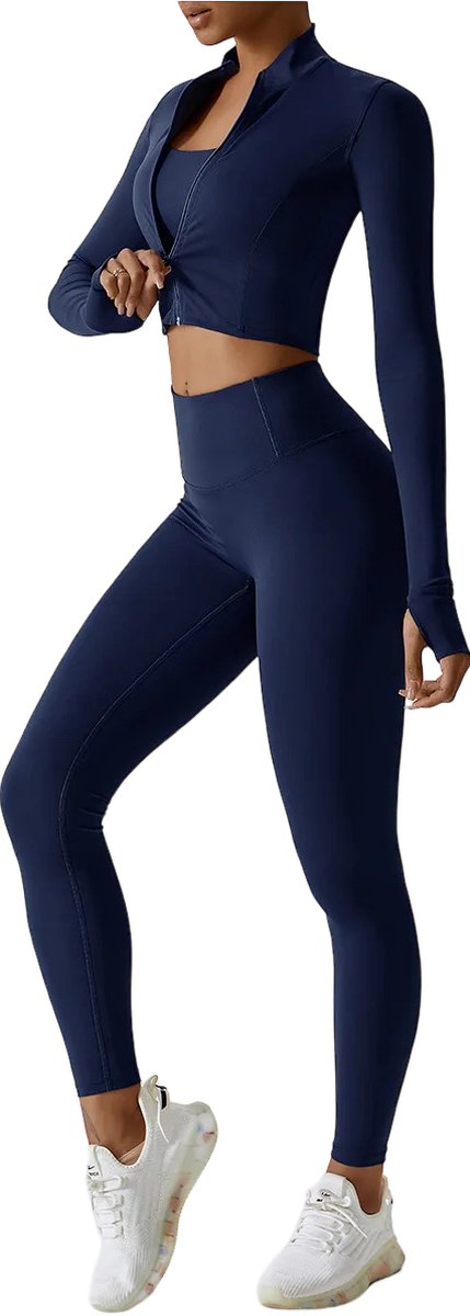 PureSquare - Sportset - 3delig - Maat S - Blauw - Fitness set - crop top jasje - sport bh - sport legging - set yoga - set sport - sportset