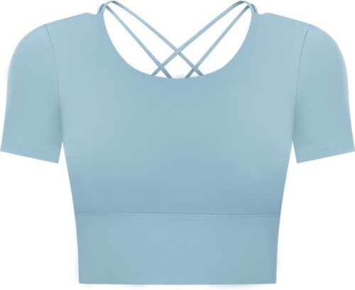 PureSquare - top met korte mouw - open rug - crop top - sporttop - Blauw - maat M - vaste bh cups - open rug - fitness - sport - yoga - mode