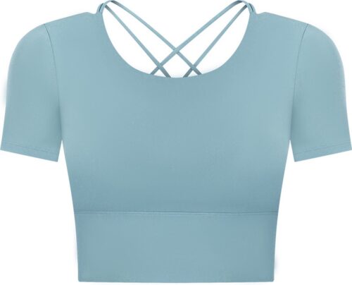 PureSquare - top met korte mouw - open rug - crop top - sporttop - Blauw - maat S - vaste bh cups - open rug - fitness - sport - yoga - mode