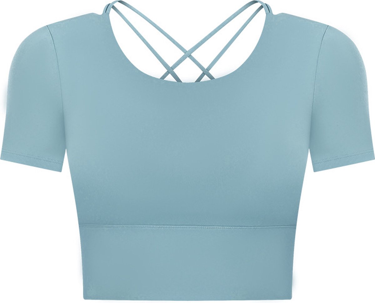 PureSquare - top met korte mouw - open rug - crop top - sporttop - Blauw - maat S - vaste bh cups - open rug - fitness - sport - yoga - mode