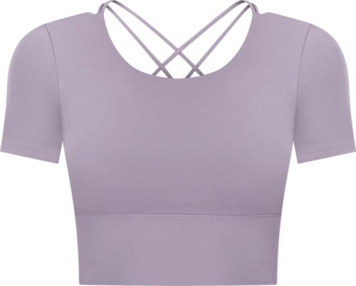 PureSquare - top met korte mouw - open rug - crop top - sporttop - Paars - maat S - vaste bh cups - open rug - fitness - sport - yoga - mode