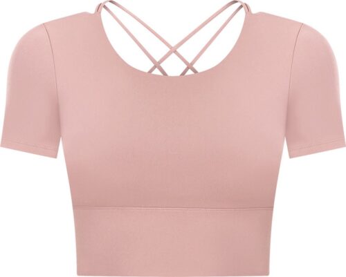 PureSquare - top met korte mouw - open rug - crop top - sporttop - roze - maat M - vaste bh cups - open rug - fitness - sport - yoga - mode