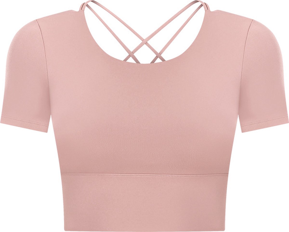 PureSquare - top met korte mouw - open rug - crop top - sporttop - roze - maat M - vaste bh cups - open rug - fitness - sport - yoga - mode