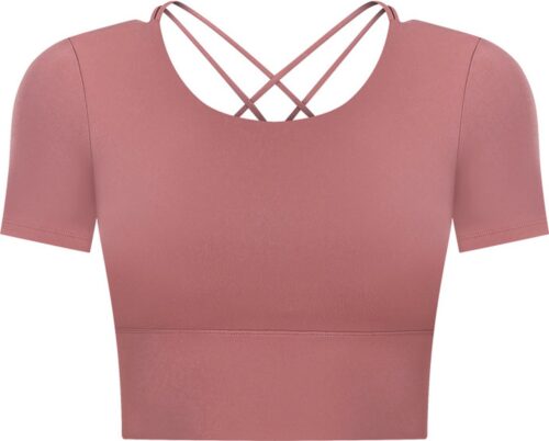 PureSquare - top met korte mouw - open rug - crop top - sporttop - roze - maat S - vaste bh cups - open rug - fitness - sport - yoga - mode