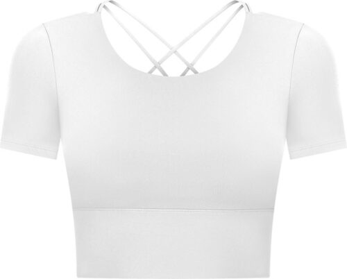 PureSquare - top met korte mouw - open rug - crop top - sporttop - wit - maat M - vaste bh cups - open rug - fitness - sport - yoga - mode