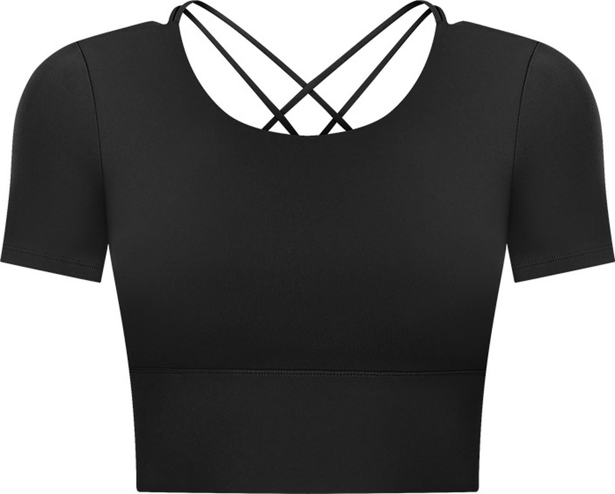 PureSquare - top met korte mouw - open rug - crop top - sporttop - zwart - maat L - vaste bh cups - open rug - fitness - sport - yoga - mode