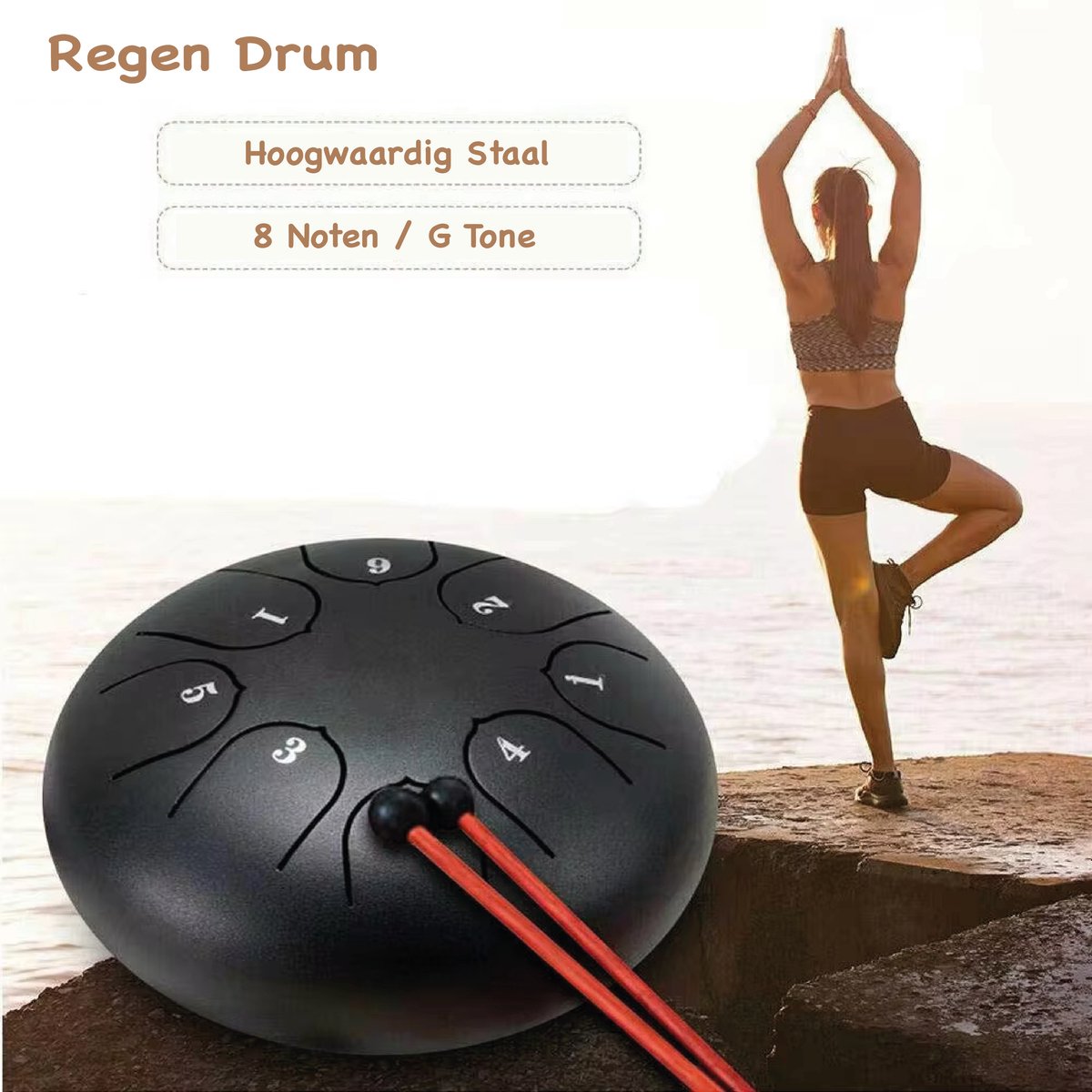 Regen Drum - Healing Steel Tongue Drum - 16cm ø - Zwart - Inclusief Bundel Tas