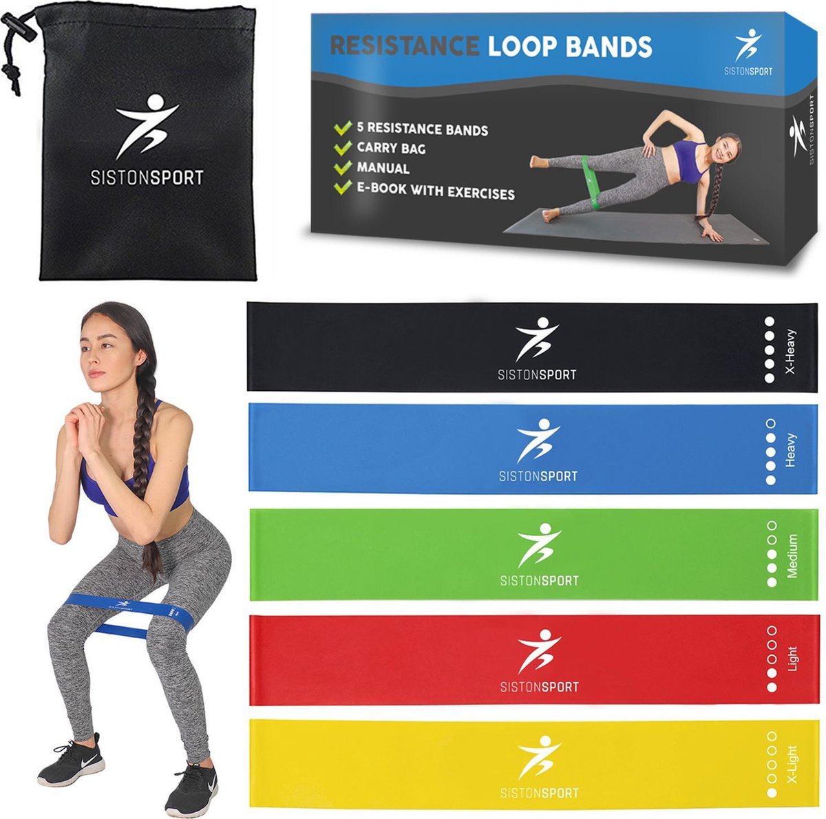 Siston Sport - 5 Weerstandsbanden Set + GRATIS E-Book (pdf) + Handleiding + GRATIS Draagtas, Fitness Elastieken Fitnessbanden Loop Resistance Banden Gymnastiekband Trainingsbanden , Weerstandband,exercise bands, Fitnessmaterialen + Garantie