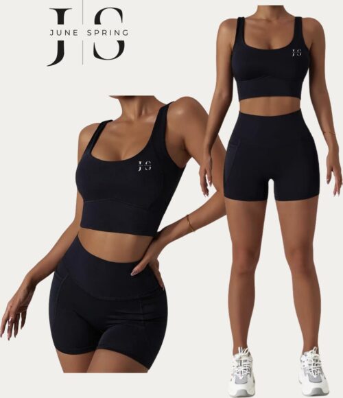 Sport Legging & Sport Beha - Kleding Set - Merk: June Spring - Maat: M / Medium - Sportlegging & Sport BH / Sport top - Kledingset - Matching Outfit - Kleur: Zwart - Legging met Telefoonzakken - Vrouwen Sportkleding - Hoge Kwaliteit - Yoga - Gym