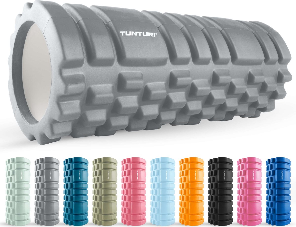 Tunturi Yoga Grid Foam Roller - Massage Roller 33 cm lang - Foamroller - Fitness Roller - Grijs - Incl. gratis fitness app