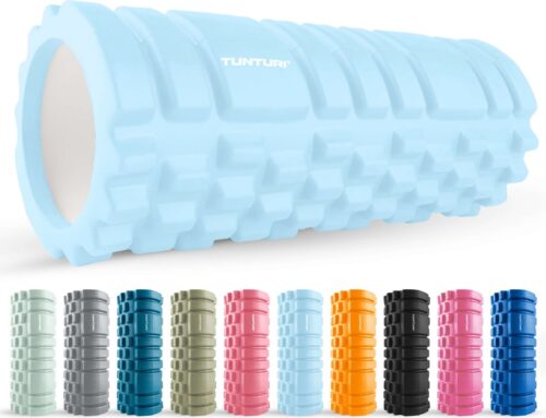 Tunturi Yoga Grid Foam Roller - Massage Roller 33 cm lang - Foamroller - Fitness Roller - Licht Blauw - Incl. gratis fitness app